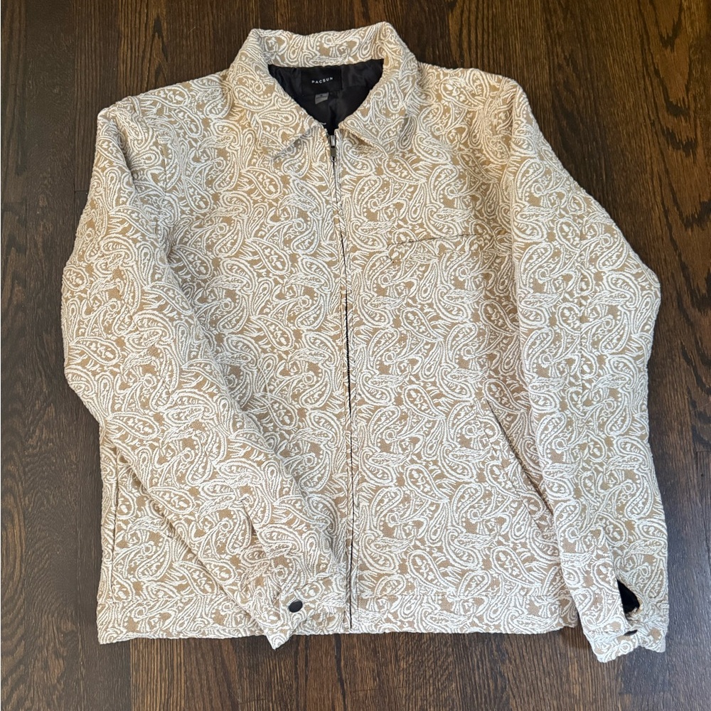 PacSun Tan and White Bomber Jacket with Textured Fabric
